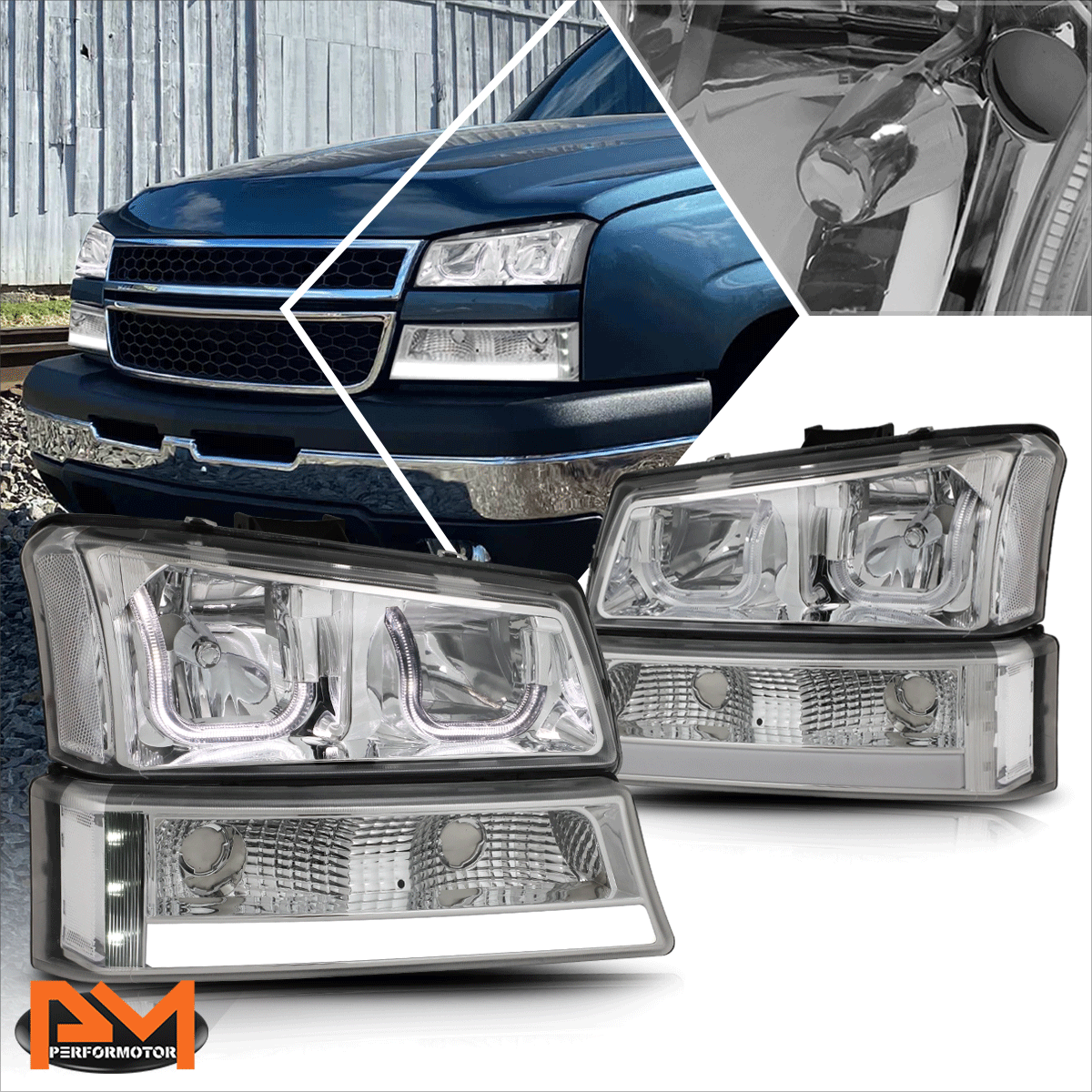For 03-06 Chevy Silverado/Avalanche LED DRL Bar J-Halo Headlights Chrome/Clear | eBay