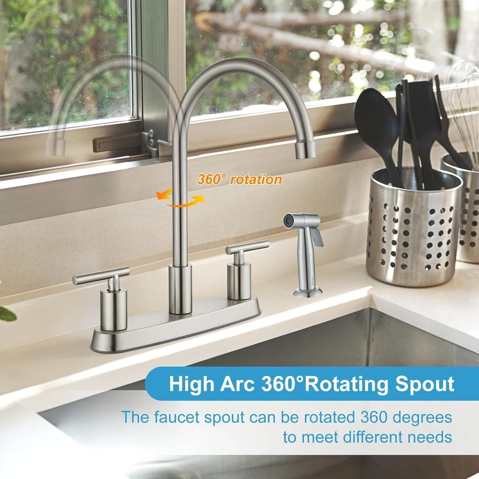 Brushed Nickel Kitchen Sink Faucet with Side Sprayer 2 Handles 3 Holes Mixer Tap - Image 4 of 4