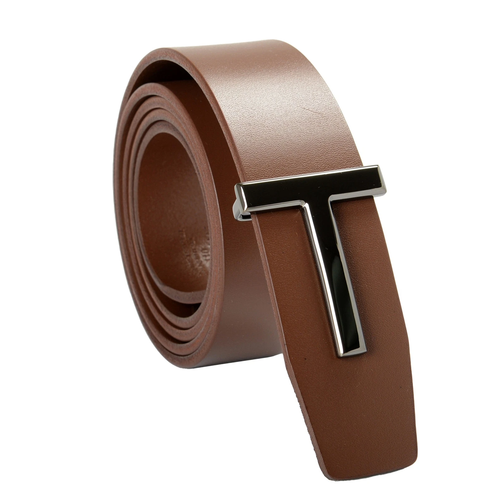 Tom Ford — Tom Ford Brown 100% Leather Metal Silver T-Buckle Decorated Belt US 42 IT 105
