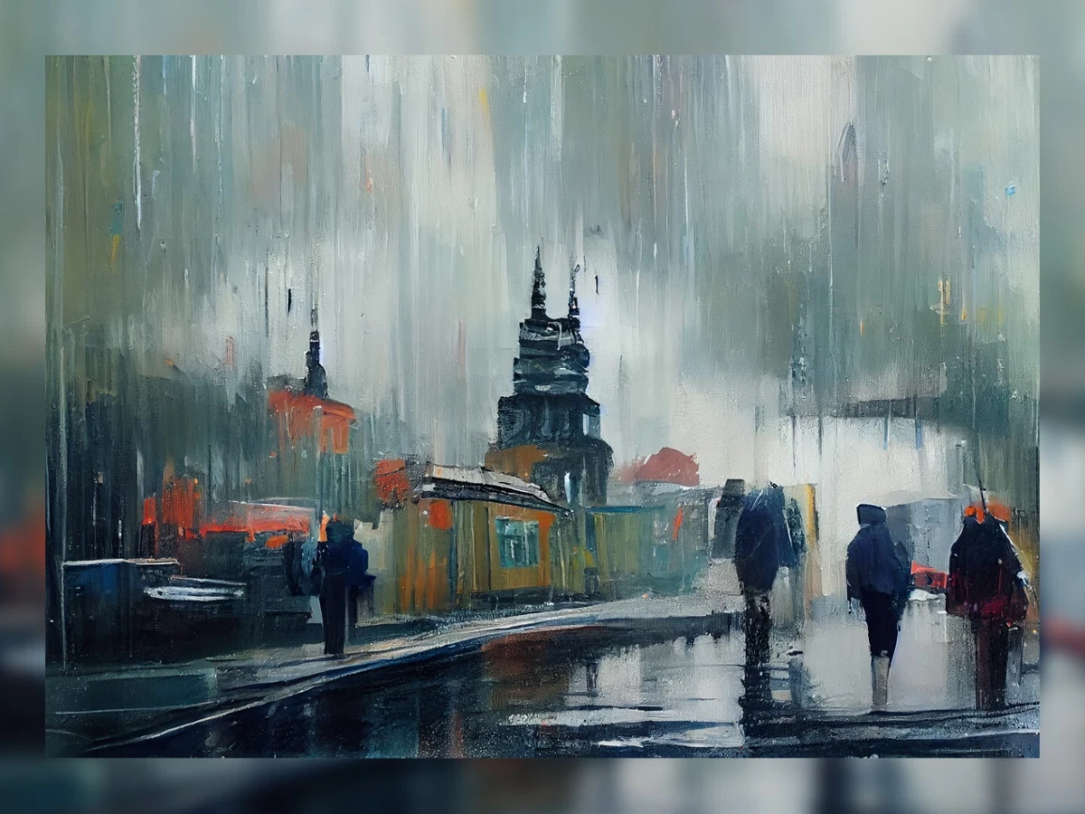 People walking in the rain, Print of acrylic painting. Urban wall art  artwork