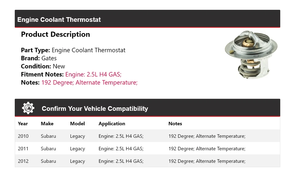 Para Subaru Legacy 2010-2012 2.5L H4 GAS Motor Refrigerante Termostato Puertas 2011 Foto 2 de 4