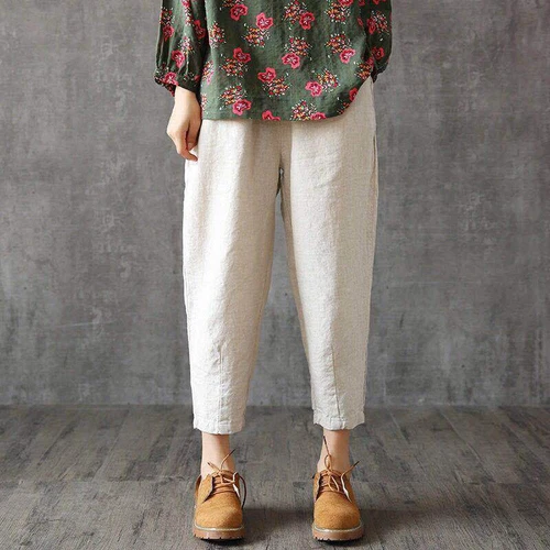Pantalon court femme coton lin ethnique été poche pantalon fin décontracté - Photo 2/22