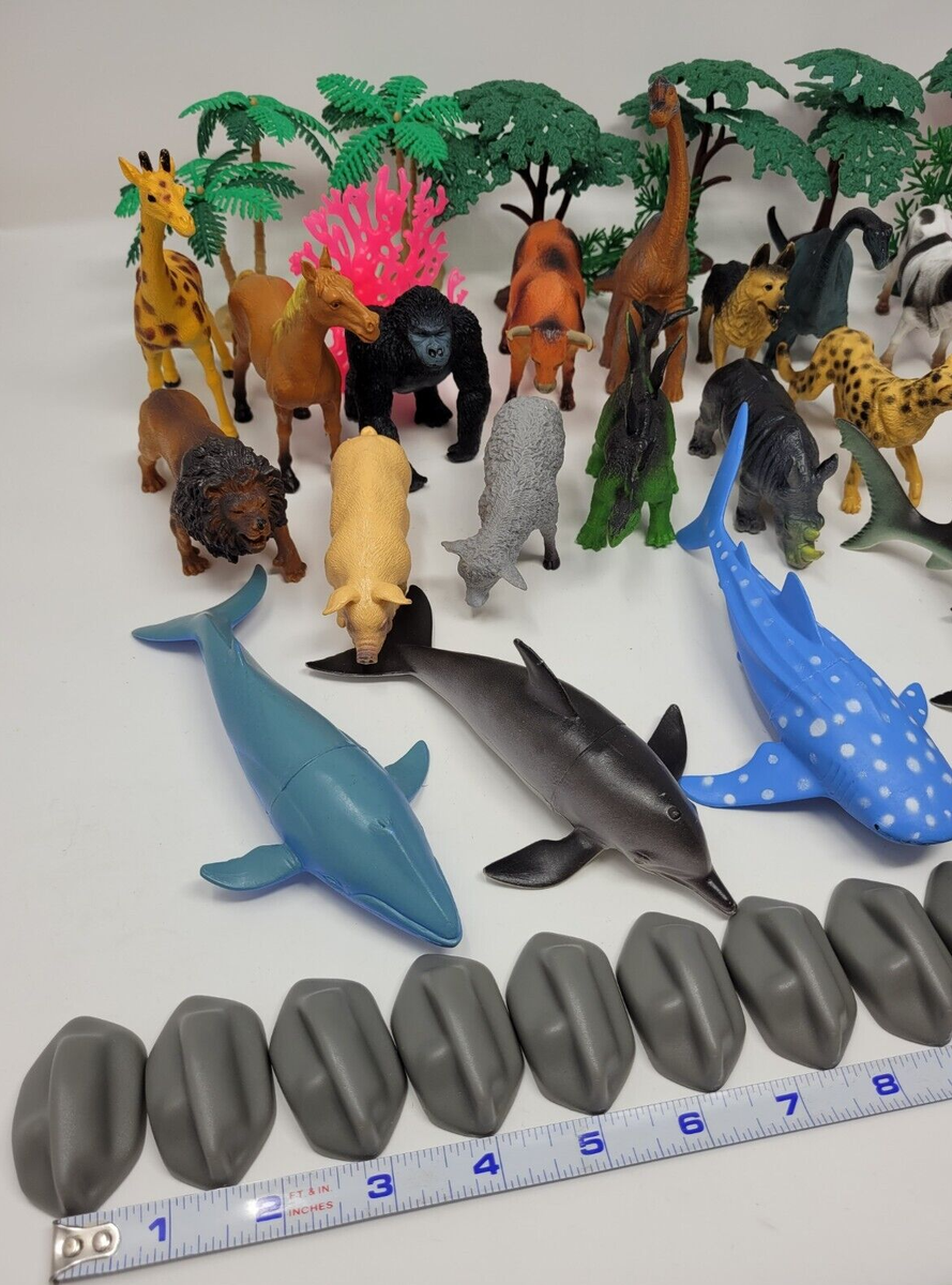 59 Piece Zoo and Farm Animals Toy Playset Wild Jungle Safari Trees