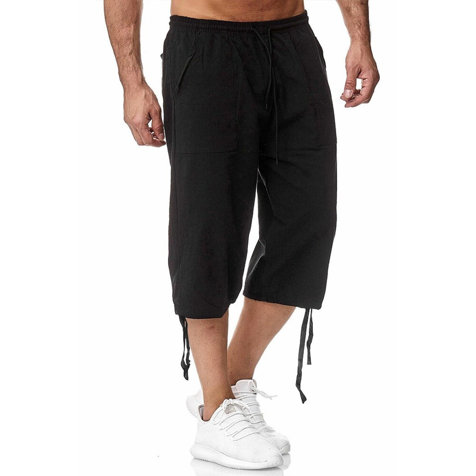 Mens Cotton Linen 3/4 Capri Shorts Elasticated Waist Chino Cargo Pants