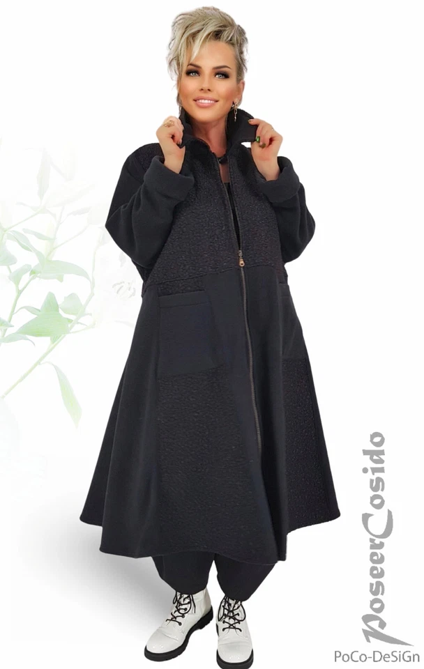 LAGENLOOK Boucle Glocken Mantel petrol / schwarz 48 50 52 54 56 58 XL-XXL-XXXL - Bild 3 von 4