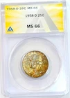 1958-D Silver Washington Quarter ANACS MS 66 Mint Set Rainbow Toned