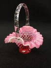 Fenton Cranberry Pink Opalescent Hobnail Basket Clear Handle  6"  PNKB25