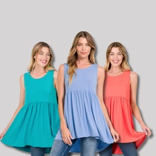 Women's Round Neck Sleeveless Top Waist Shirring Baby Doll High Low Hem Tunic