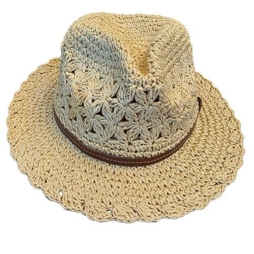 Kooringal Women Natural Straw Floral Crochet Fedora Hat Scalloped Brim Boho