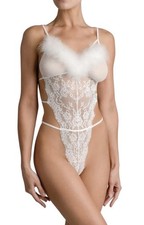 NWT In Bloom By Jonquil TEDDY Hope Feather Trim Lace Thong LARGE Ivory Wedding