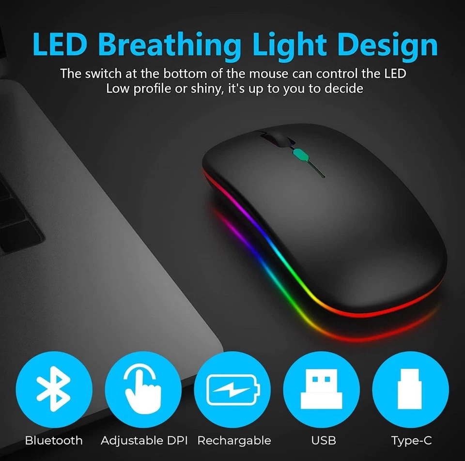 TEUREMI Wireless Bluetooth Mouse Silent USB & USB-C Rechargeable Mouse Black - Image 2 of 4