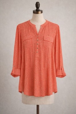 Ava & Grace Coral/White Heart Print Button Tunic Chiffon 3/4 Sleeve Blouse L