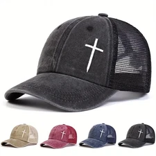 Christian Cross Embroidered Trucker Hat Adjustable Mesh Baseball Cap Unisex