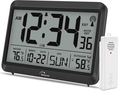 Elegant Atomic Clock with Indoor/Outdoor Temperature - 8.5 Inch Digital Display