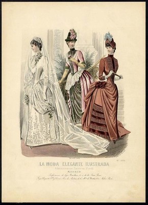 Victorian BRIDE 1880's Young Women in Pink Large FASHION PRINT Hand Colored