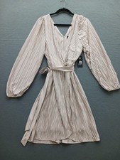 Guess Women's Wrap Knee Length Dress 14 Beige Striped Long Sleeve