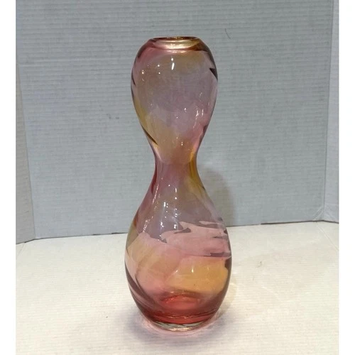 Vintage Blenko Style Art Glass Hourglass Vase Pink Yellow Amberina Swirl Optic