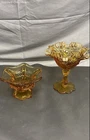 Fenton Amber Glass Ruffled Compote & Vintage Pressed Glass Footed Bowl 2pc Lot
