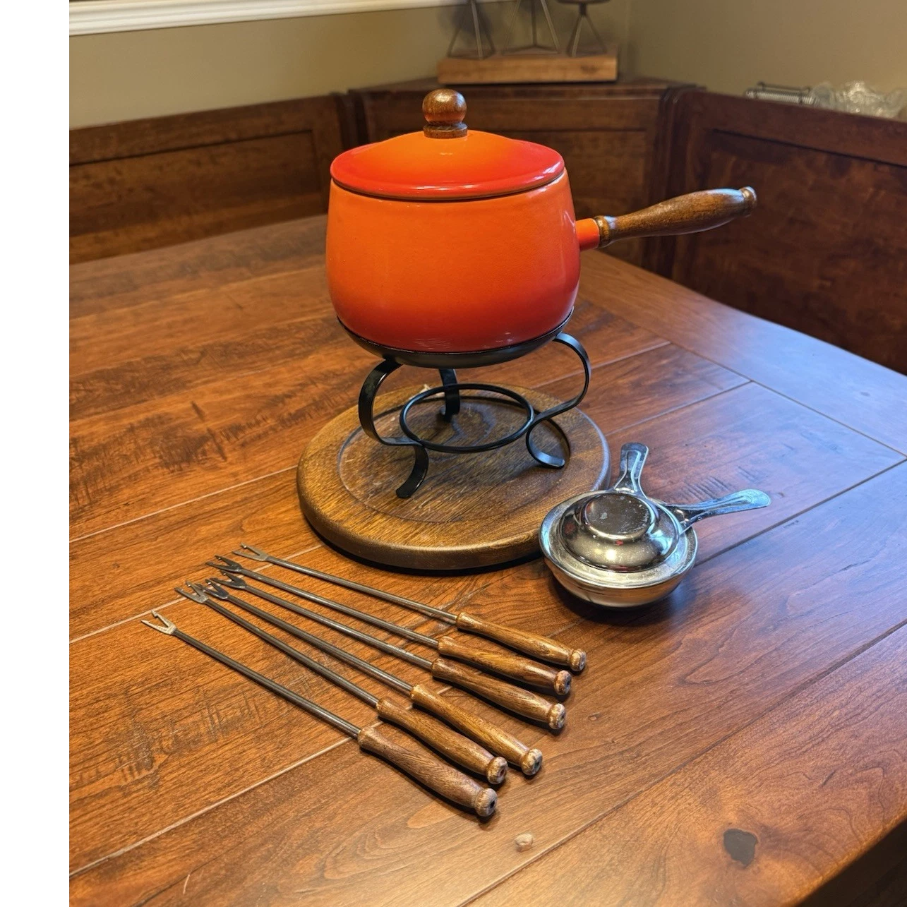 Vintage Orange Fondue Set w/ Stand, Burner, Base & Forks, Cheese/Choc
Opens in a new window or tab