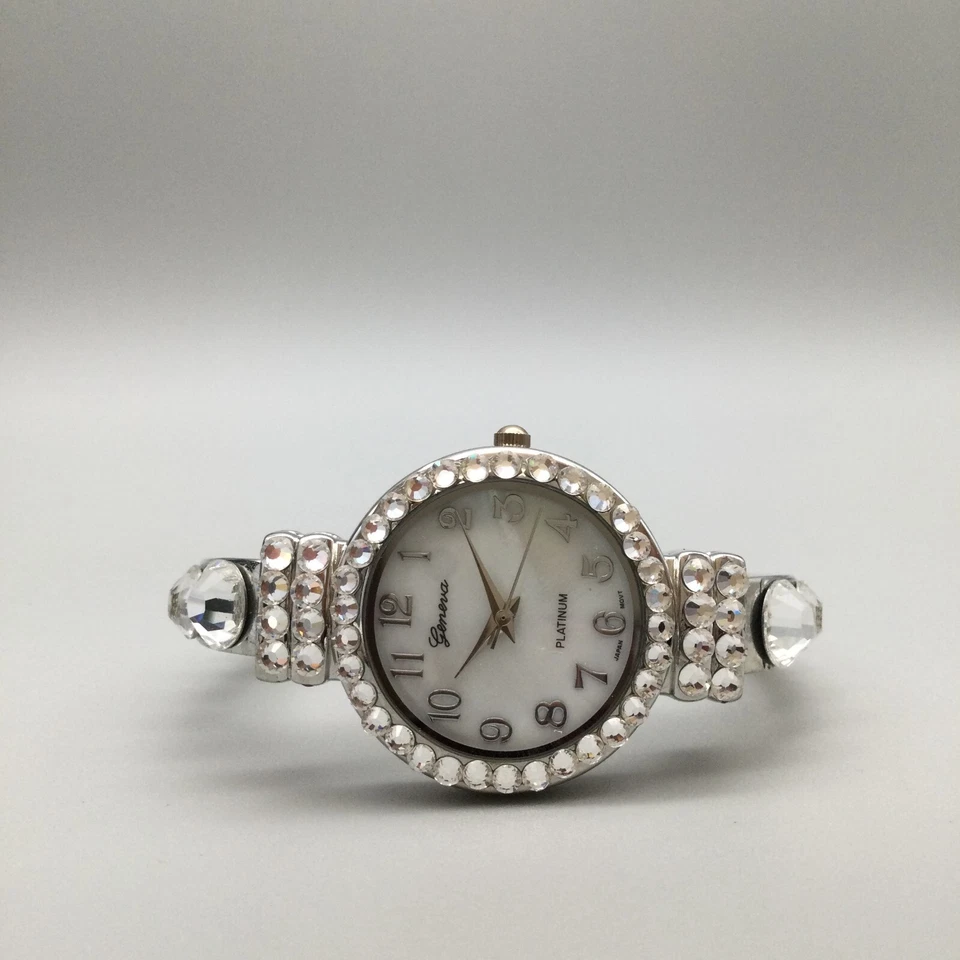 Geneva Watch Women Platinum Silver Tone MOP Dial Hinged Open Cuff New Battery - Image 4 of 4