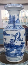Blue, White Chinoiserie Porcelain "Jug" Vase. Foo Dog. Hand Painted (23"H)
