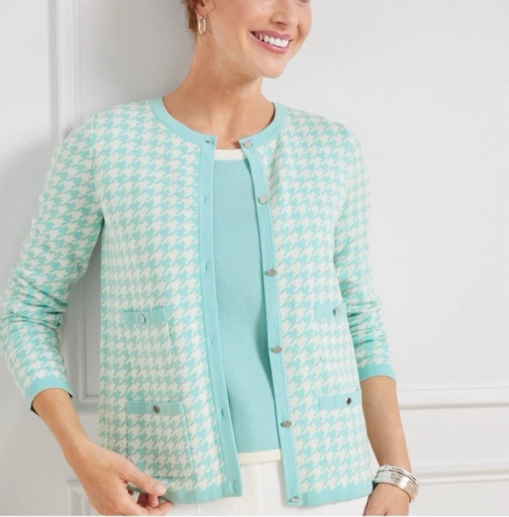 Cárdigan Suéter Talbots Mujer M Mediano Azul Blanco Twinset Algodón Pata de Gallo Foto 2 de 4