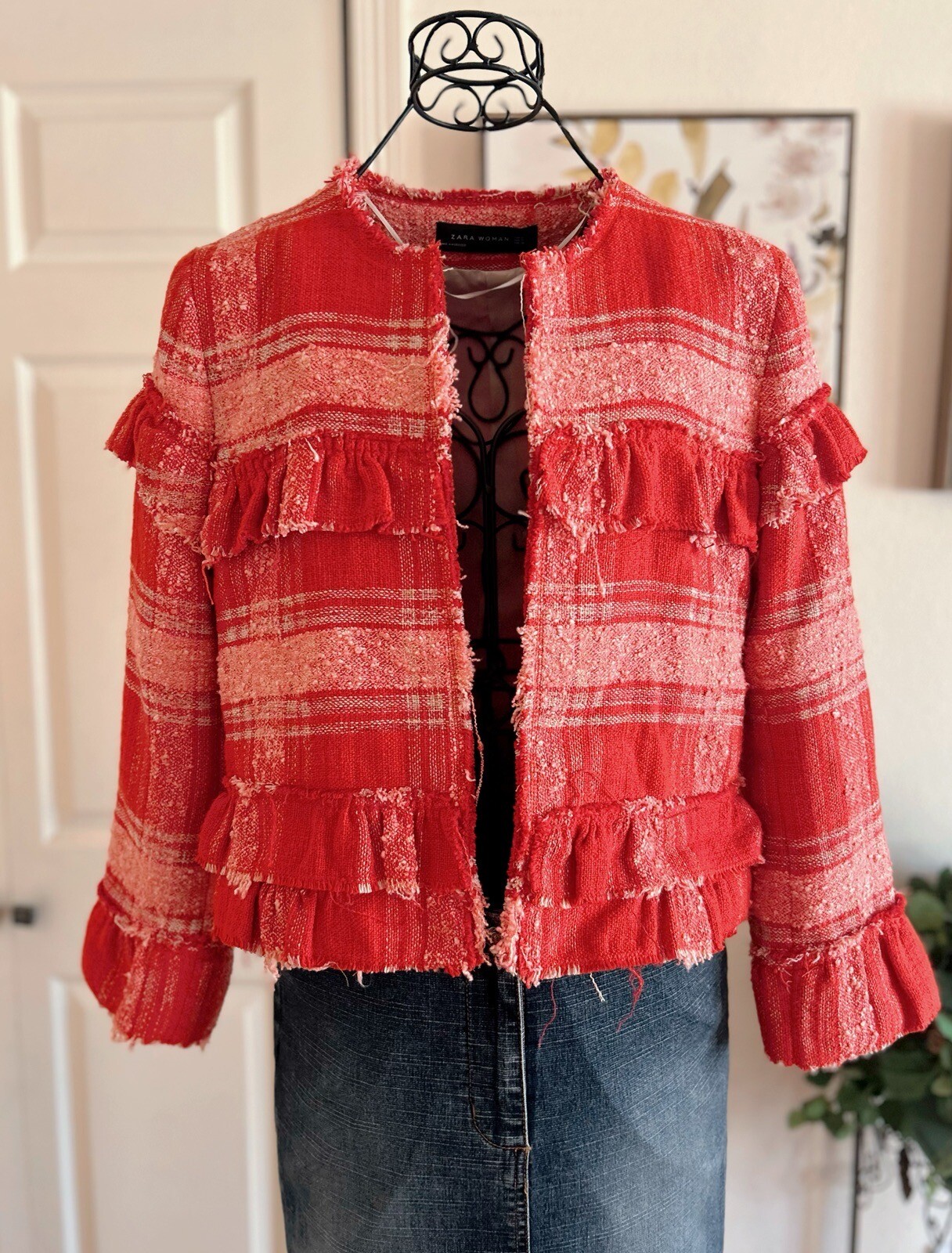Giacca a quadri Zara rosso tweed volant frange fila cotone bohemien blazer hippie S