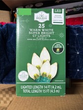 NEW Holiday Time 25 Warm White SUPER BRIGHT C7 LED String Lights Green Wire