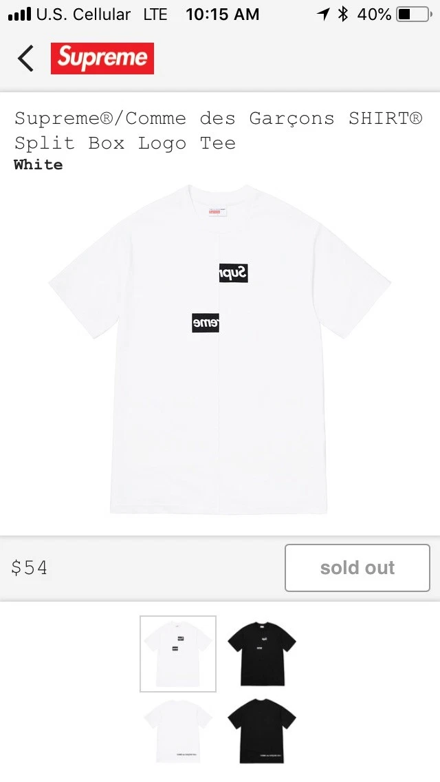 Supreme / Comme des Garcons CDG Split Tee White Box Logo Size L