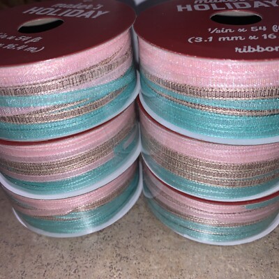 Maker's Holiday 1/8'' Festive Ribbon Spools, Lot Of 6 Spools, Pink, Blue, New