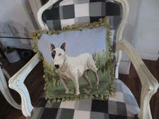 Stunning French Style Aubusson Bull Terrier Vintage w/ Fringe Needlepoint Pillow
