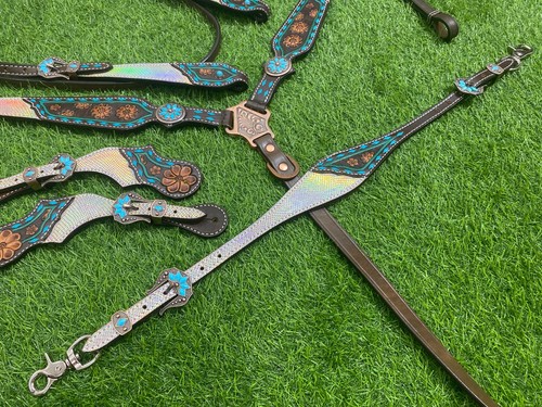 Leder Western Kopfstück Set für Pferd verziert mit holografischem Snack Print - Bild 29 von 79