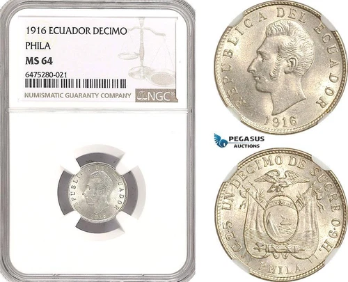 AH46, Ecuador, 1 Decimo de Sucre 1916, Philadelphia Mint, Silver, NGC MS64
