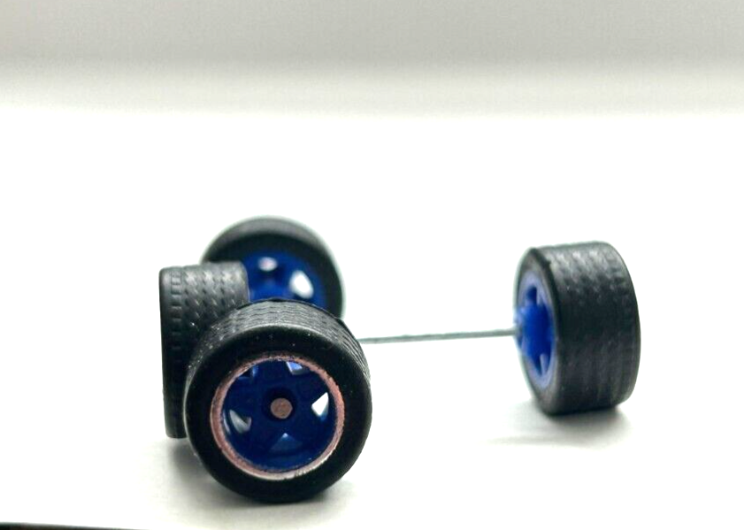1:64 Custom WHEELS and RUBBER Tyres BLUE 5 SPOKE Real Rider style Fit hotwheels-image