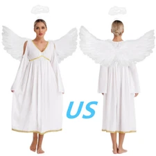 Women Fairy Angel Cosplay Costume Flowy Dress with Headband and Feather Wings