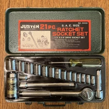 Vintage Justen Brand S.A.E. 21pc Ratchet Socket Set No. 5530