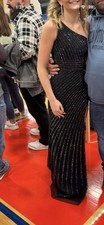 Black Silver Sequin One Shoulder Cut-Out Maxi Evening Dress Striped Side Slit