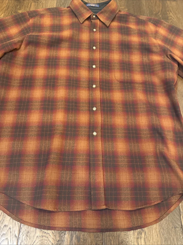 Men’s Pendleton 100% Virgin Wool Plaid Button-Up Shirt – L – Burnt Orange Black - Image 2 of 4