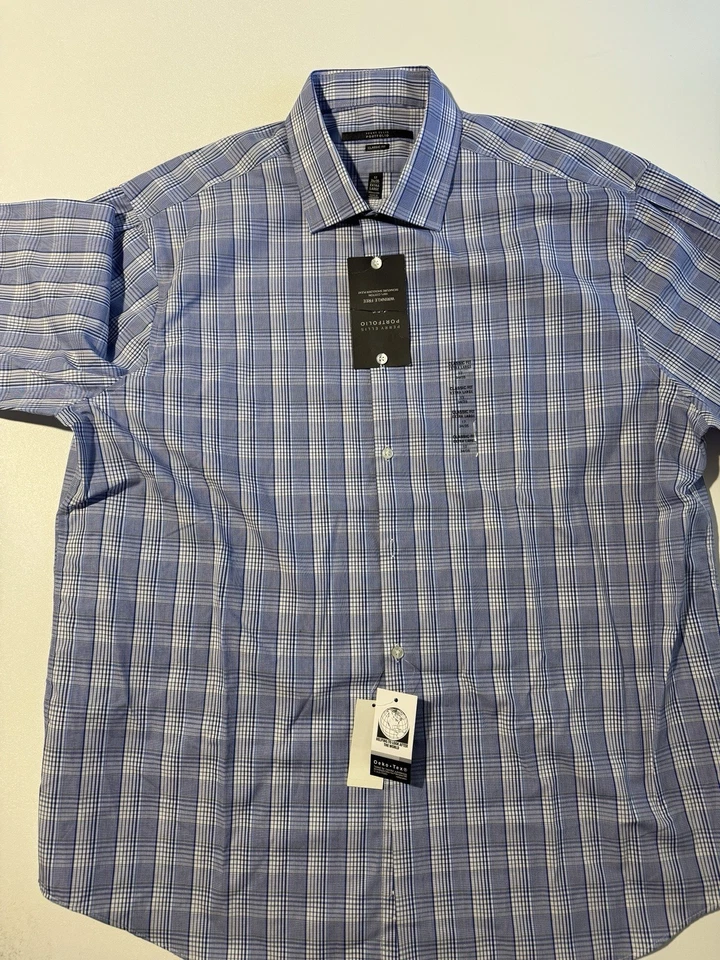 NWT PERRY ELLIS PORTFOLIO NO WRINKLE CLASSIC DRESS SHIRT BLUE PLAID 17 34/35 - Image 3 of 4