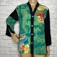 Citron Santa Monica silk Asian print button down blouse s small