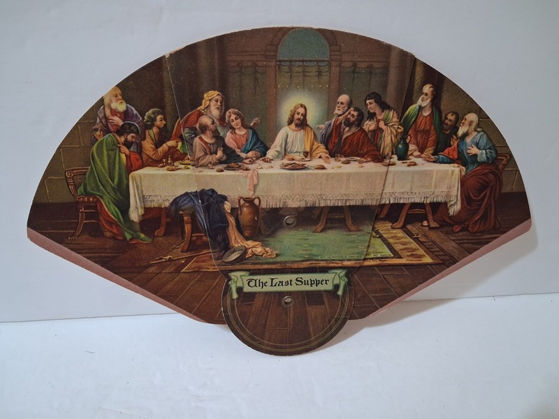 VINTAGE ORIGINAL WENZ MORTUARY JESUS LAST SUPPER FAN LOS ANGELES, CA SINCE 1924
