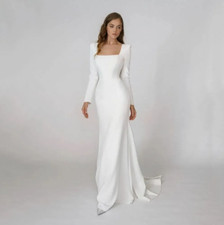 Simple Long Wedding Dresses Square Collar Satin Backless Full Sleeves Mermaid