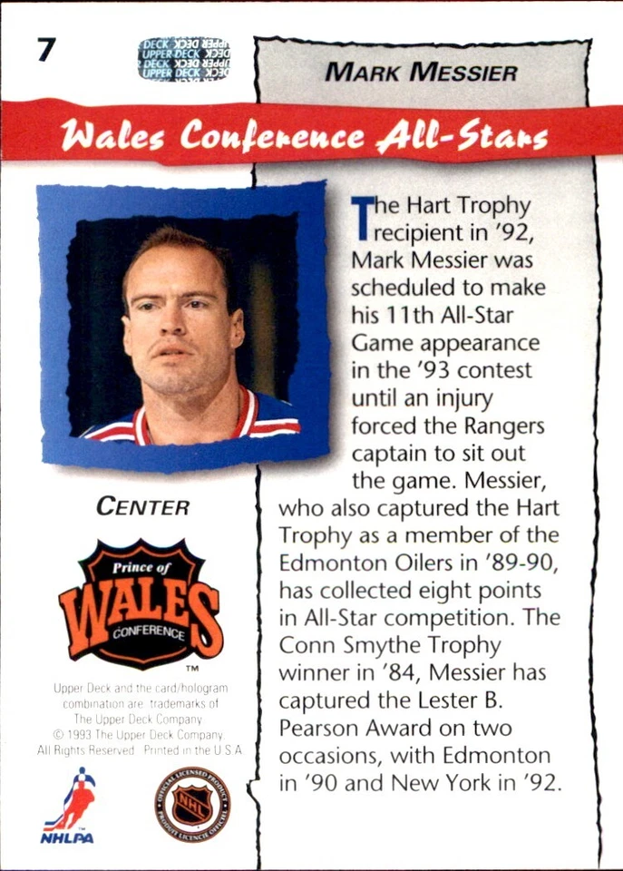 Mark Messier NEW YORK RANGERS 1993 Upper Deck LOCKER WALES CONFERENCE ALL-STARS  - Image 2 of 2