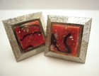 VINTAGE GROOVY MID-CENTURY MODERN CUFFLINKS SILVERTONE + RED FAUX MARBLE, LARGE! — photo 2