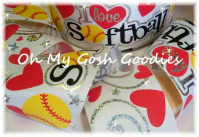 LAST 1 - 2 1/3 YARDS - 3'' LOVE SOFTBALL HEART HOLOGRAM BASEBALL GROSGRAIN RIBBON