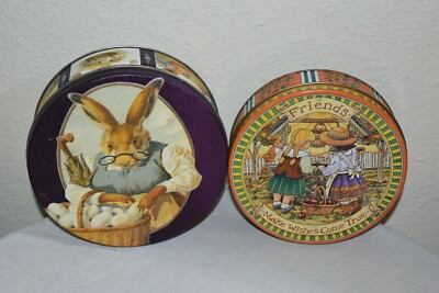 2 Vintage EASTER Cookie Candy Gift tins Rabbit Friends make wishes come true EUC