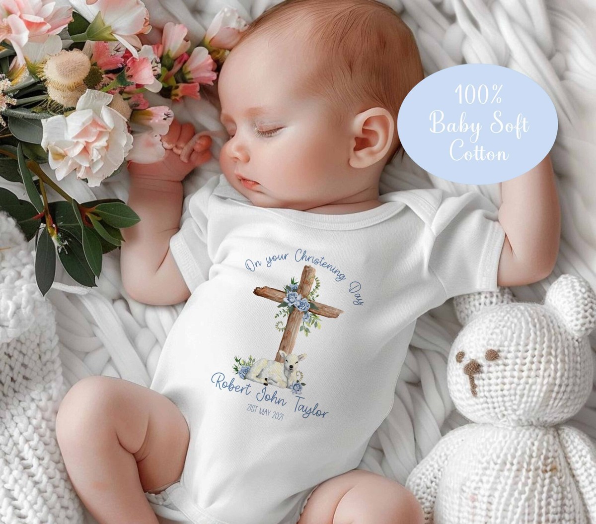 Baby's Christening ~Blue lamb on cross *Baby Grow *Gro *Sleepsuit