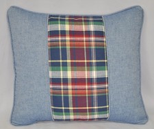 Pillow made w Ralph Lauren Garrison Madras Plaid Chambray Blue Fabric 17"x 16"