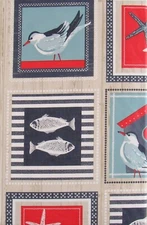 Sea Life and Birds Coastal Patchwork Vinyl Flannel Back Tablecloth - Var Sizes