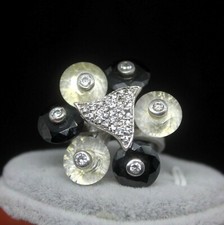 Italian Artisan Silver Ring with Onyx, Quartz CZ - Size 6.5